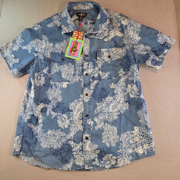 Houston White Floral Button Up Shirt L NWT Blue White Short Sleeve Casual - Picture 1 of 10